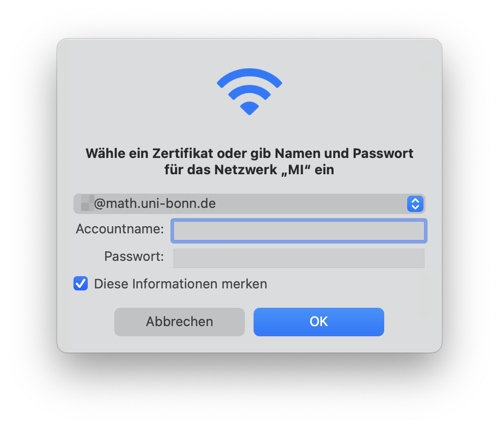 Wähle ein Zertifikat oder gib Namen und Passwort für das Netzwerk „MI“ an